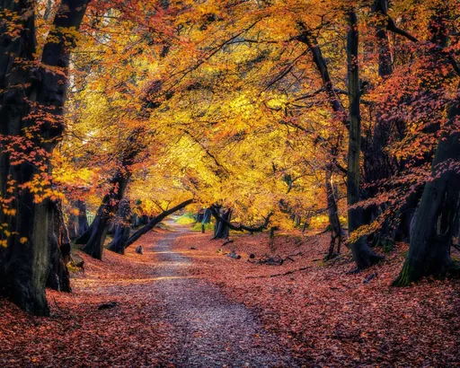 Forest trail glowing with shafts of sunset light